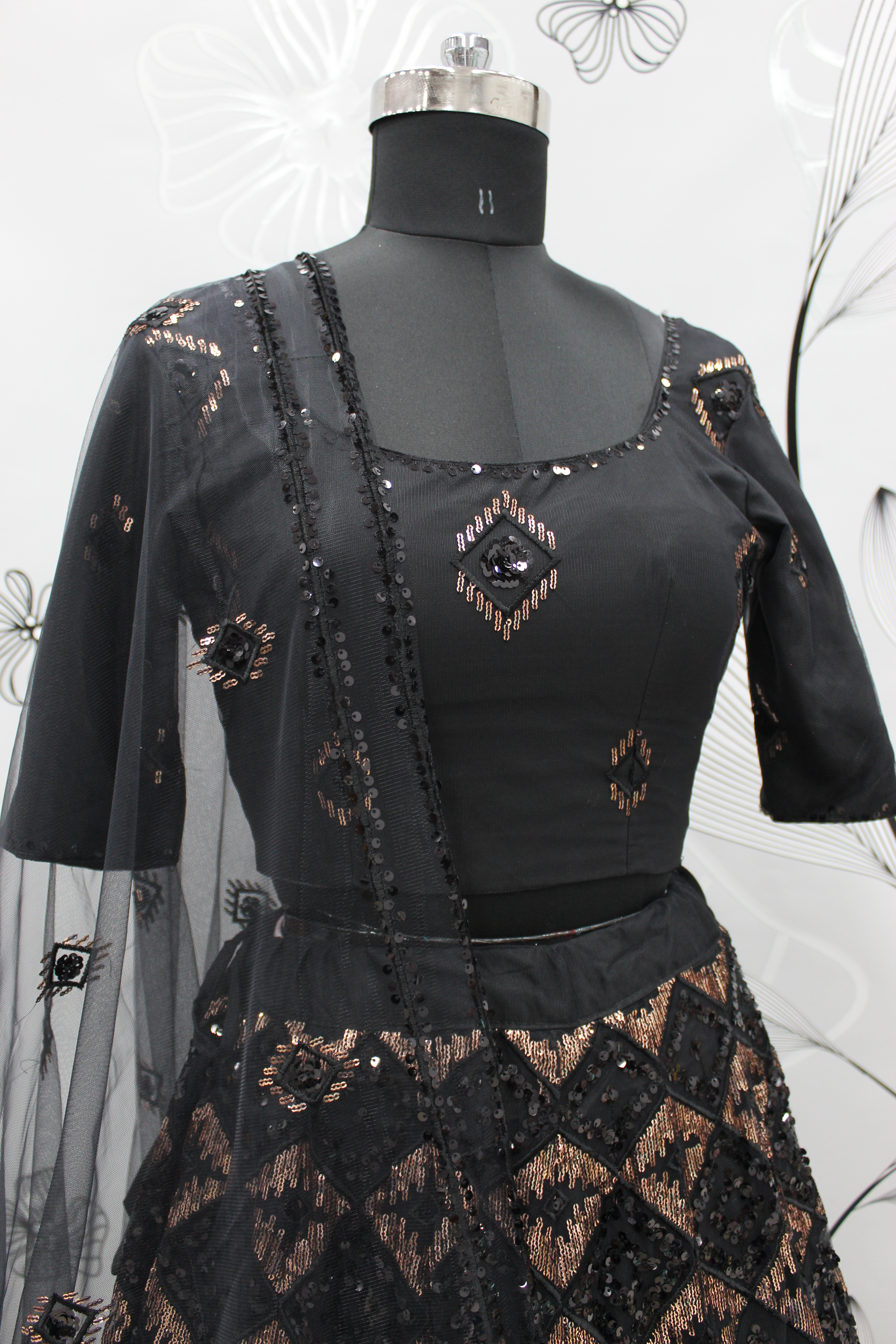 CHARMING BLACK NET EMBROIDERED CHOLI BLOUSE WITH LEHENGA GHAGRA WITH DUPATTA